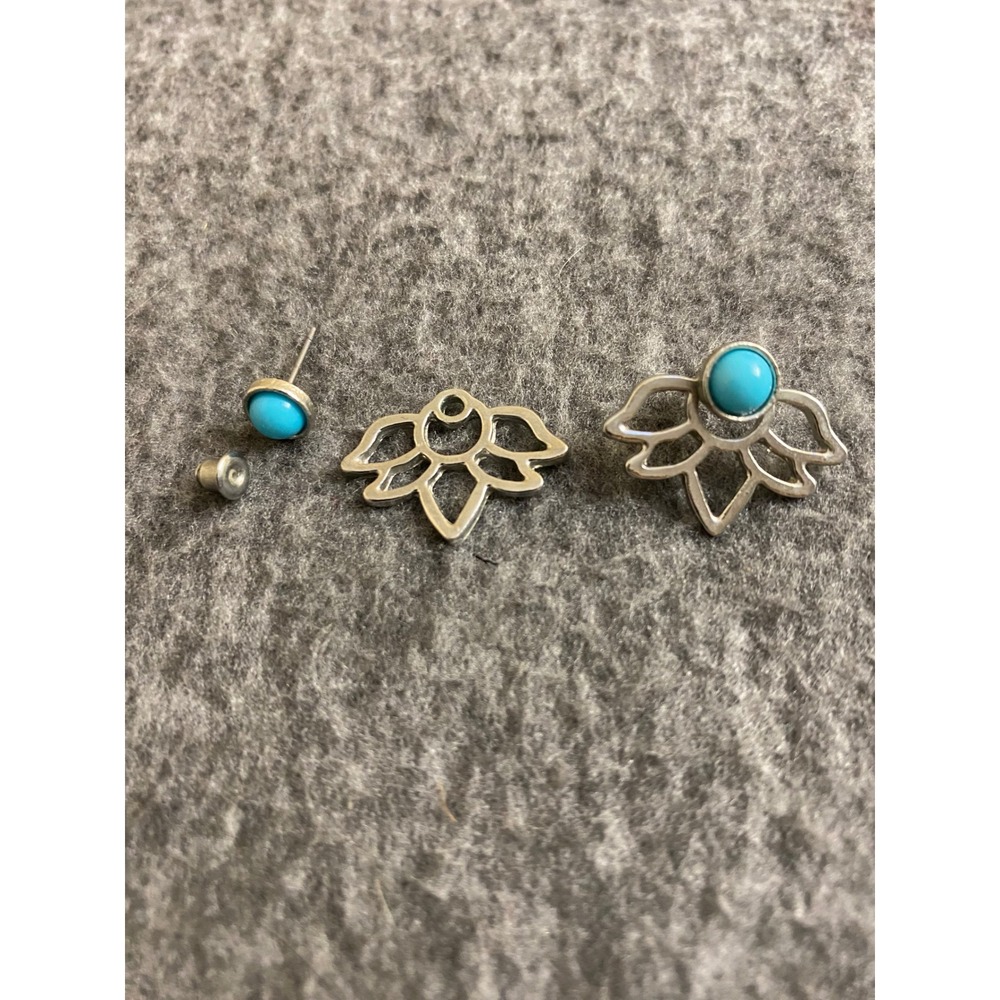 Silver Tone Lotus Flower Ear Jacket Earrings Turquoise Cabochon Studs Boho